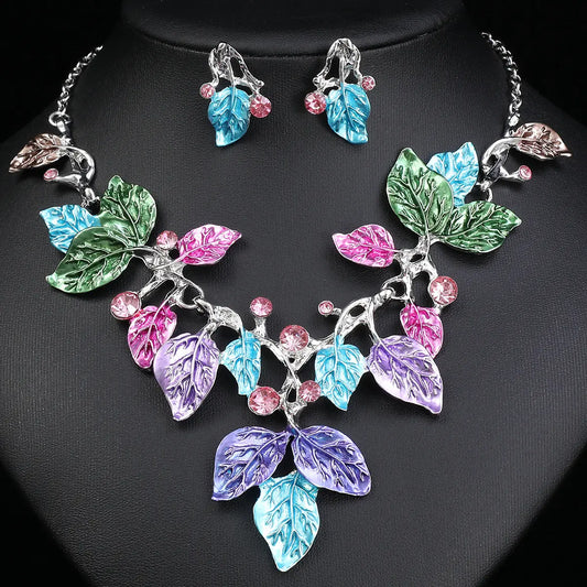 Aurora Bloom Set – Colorful Leaf Rhinestone Jewelry by Ravibe