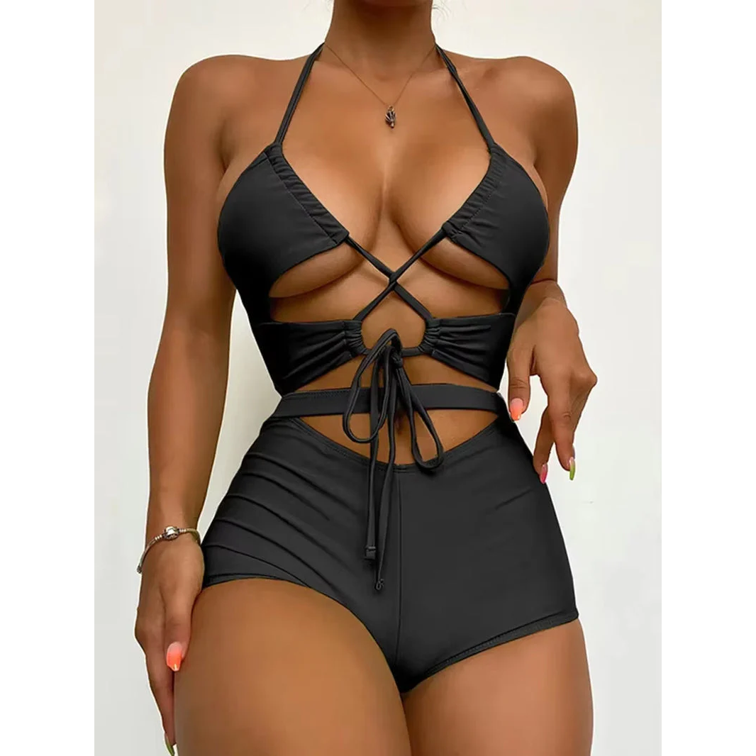 Tropical Vibe Halter High-Waisted Bikini – Sexy Cut-Out Swimwea