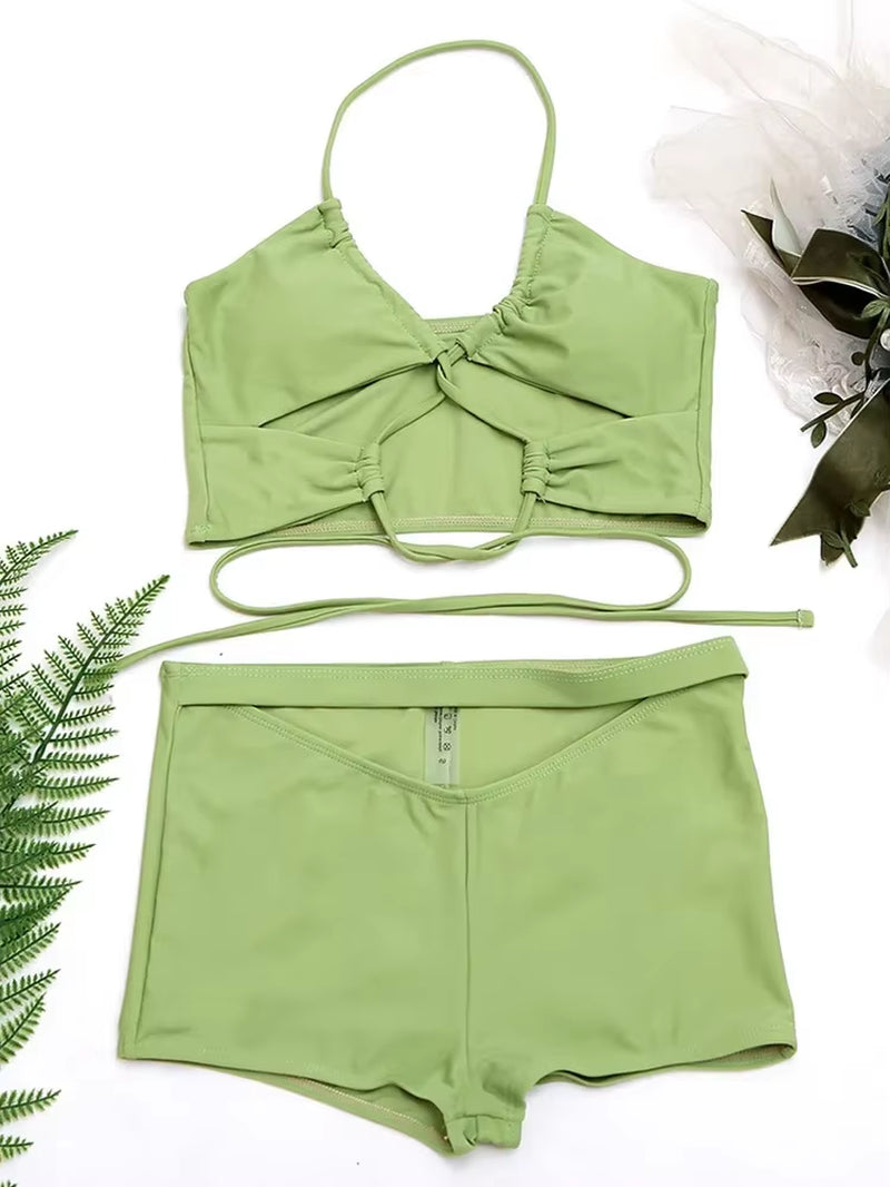 Tropical Vibe Halter High-Waisted Bikini – Sexy Cut-Out Swimwea