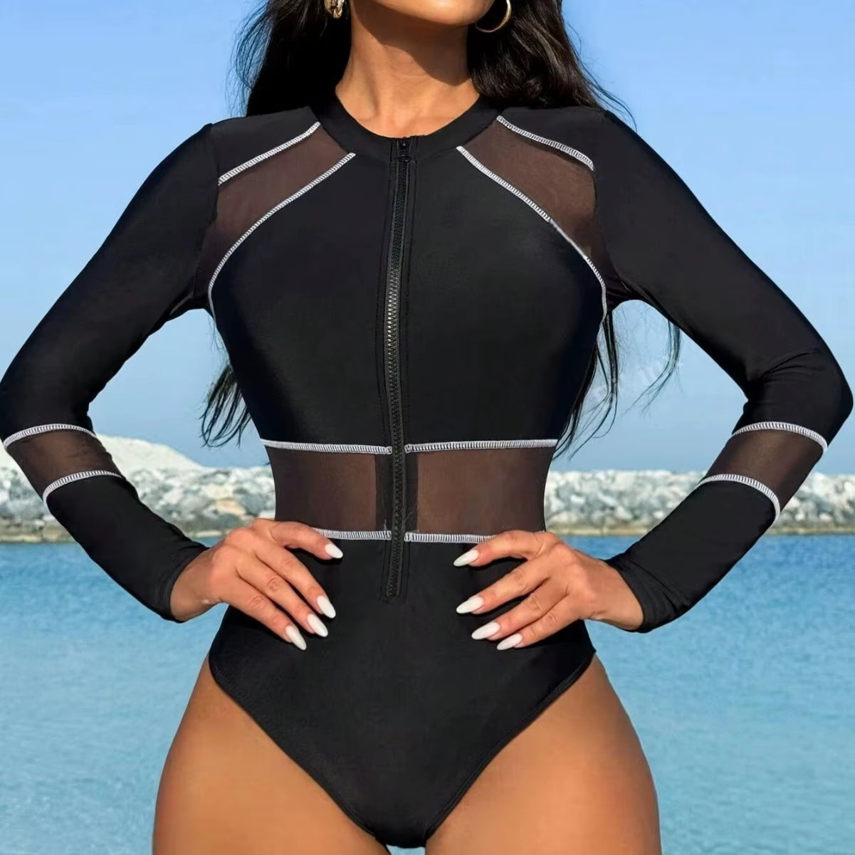 Ravibe Eclipse High Quality One-Piece Mesh Surf Suit – Long Sleeve Zipper 2025