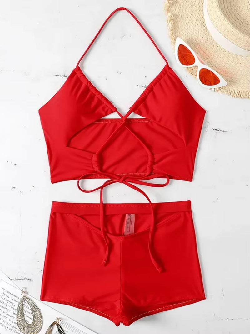 Tropical Vibe Halter High-Waisted Bikini – Sexy Cut-Out Swimwea